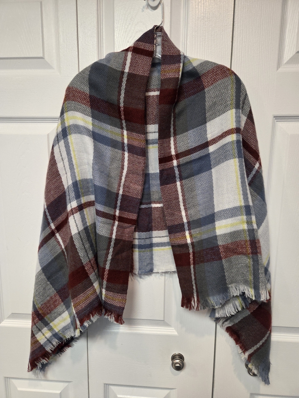 Plaid Fringe Scarf Blanket Shawl Wrap In Burgundy, Blue, And White